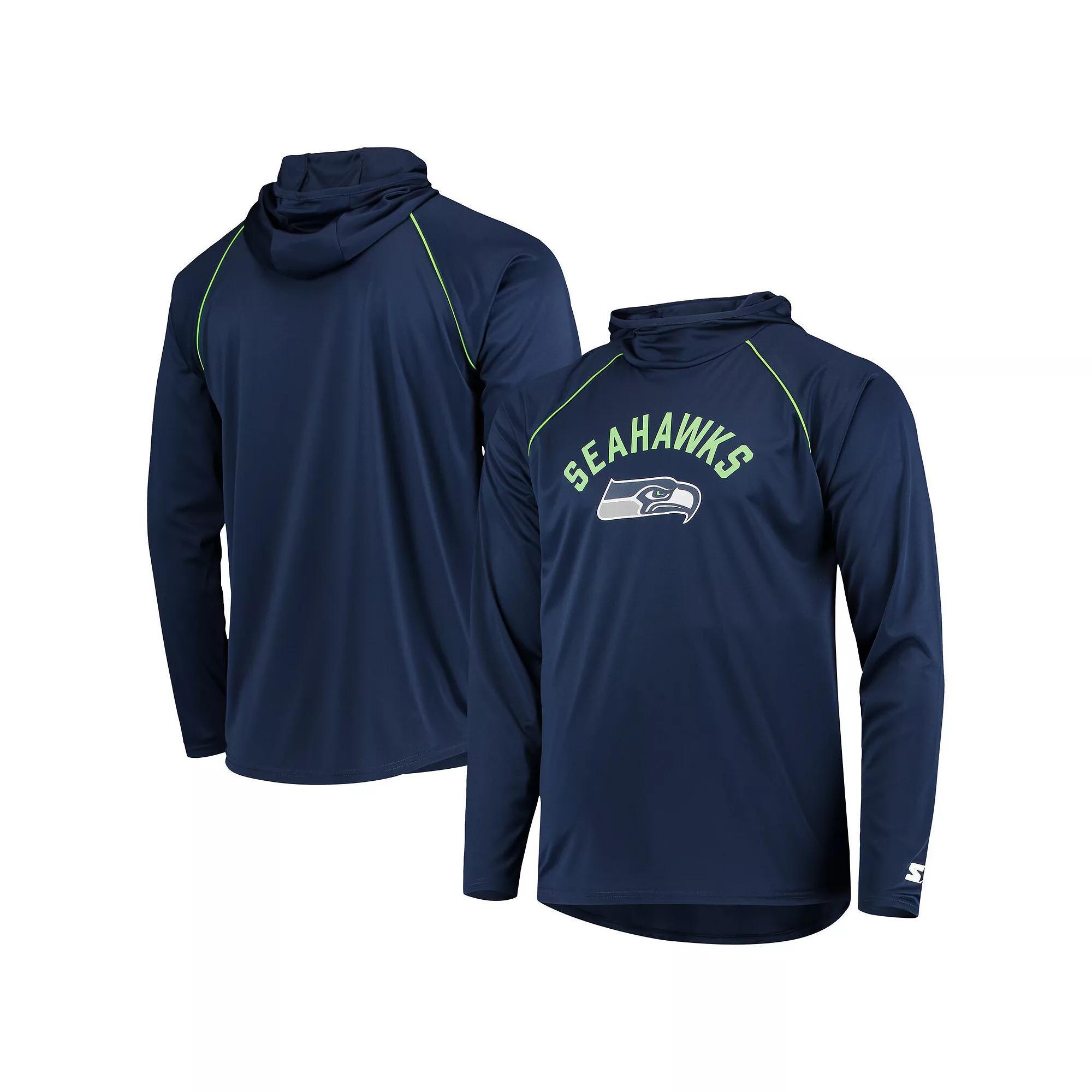Men's Starter Navy Seattle Seahawks Raglan Long Sleeve Hoodie T-Shirt, Size: 3XL, Blue Product Image