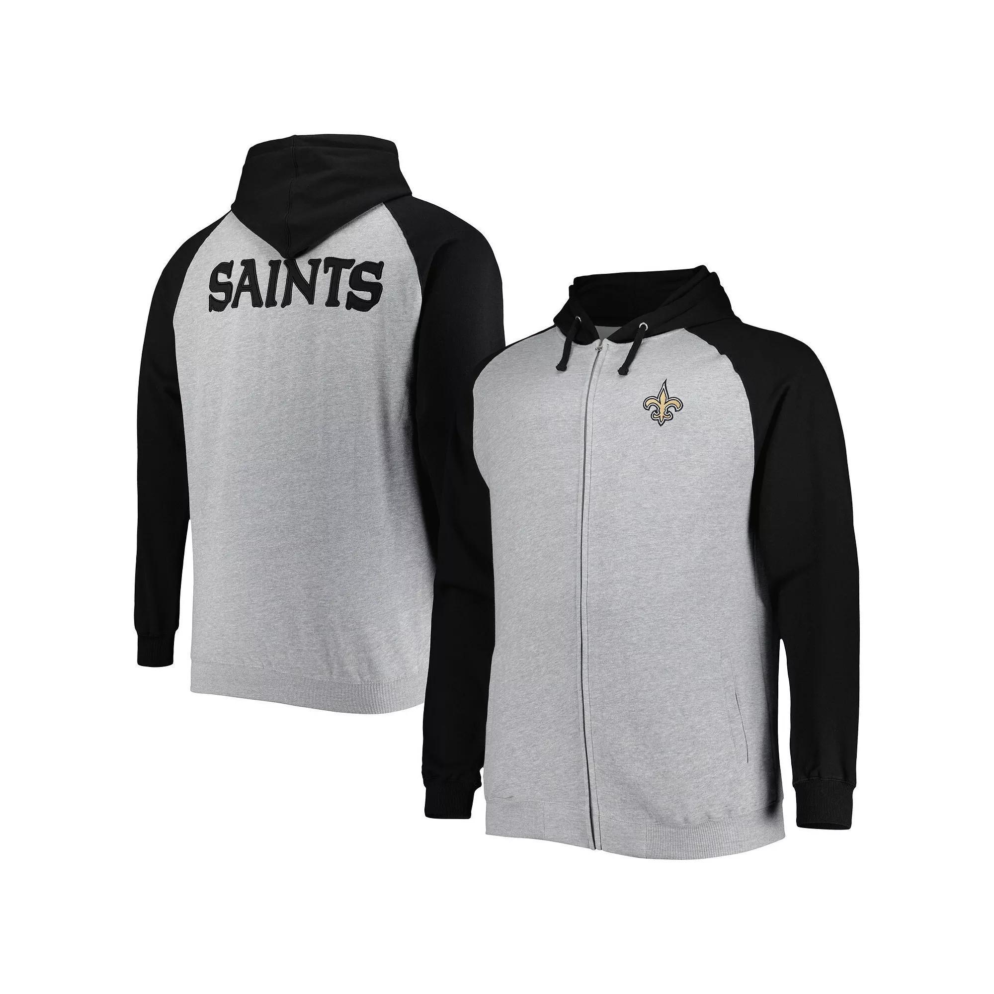 Men's Heather Gray New Orleans Saints Big & Tall Fleece Raglan Full-Zip Hoodie Jacket, Size: 3XLT, Grey Product Image