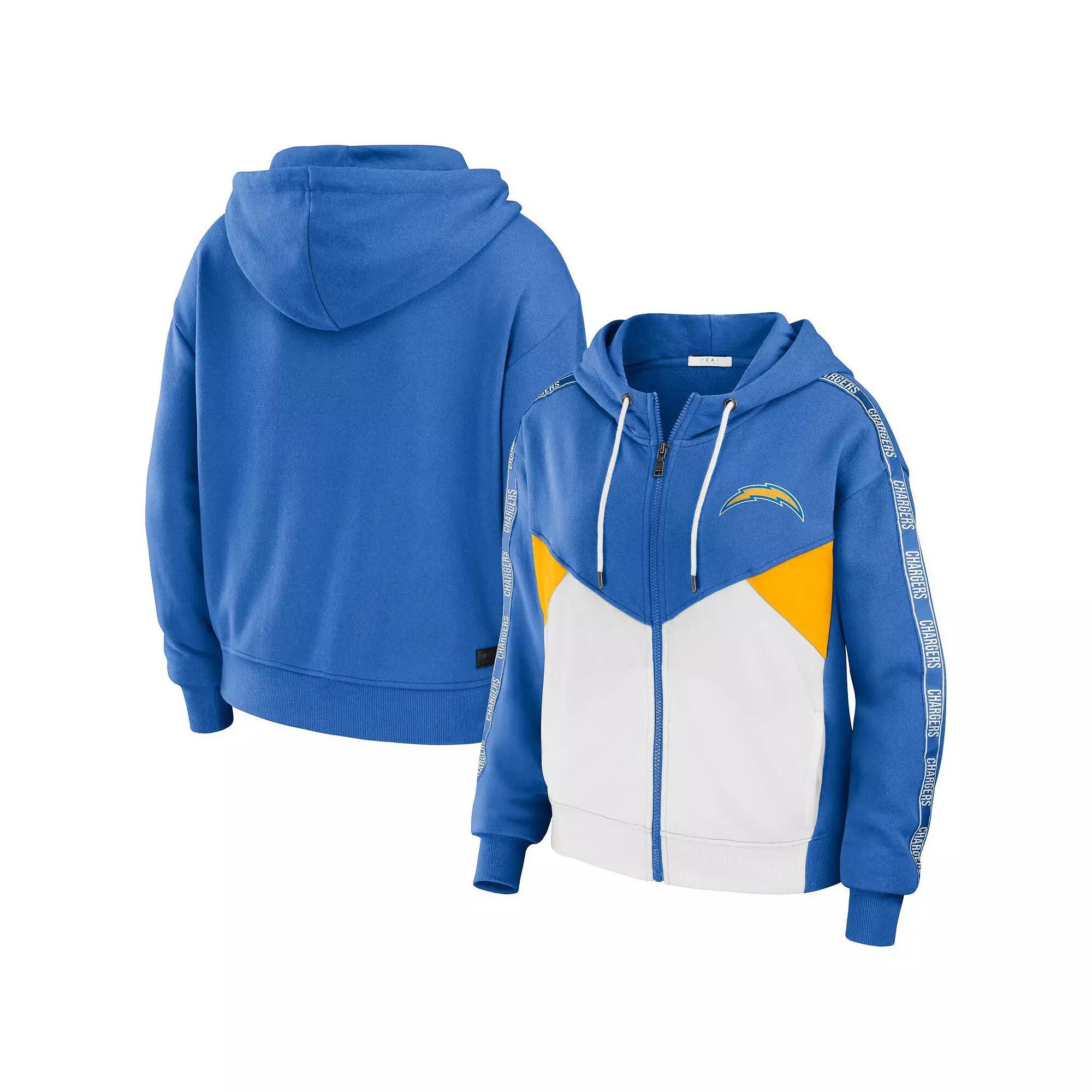 Women's WEAR by Erin Andrews Powder Blue/White Los Angeles Chargers Color-Block Full-Zip Hoodie, Size: 2XL, Light Product Image