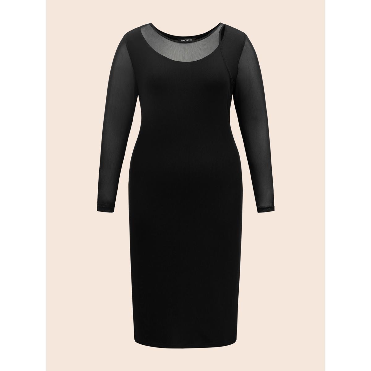 Plus Size Crew Neck Patchwork Mesh Split Hem Dress Black Women Elegant See through Round Neck Long Sleeve Curvy BloomChic 28/5X Product Image