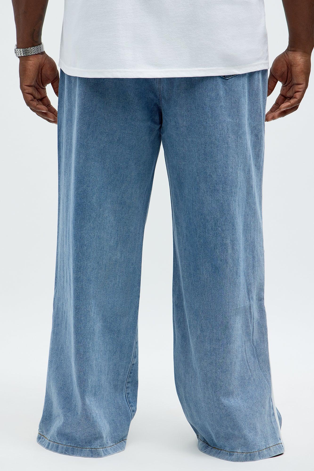 Baggy Side Stripe Zip Hit Jeans - Medium Blue Wash Product Image