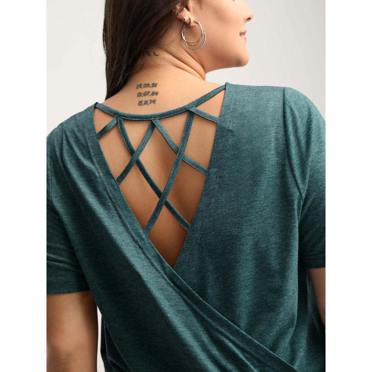 Plus Size Backless Crisscross Solid T-Shirt DarkGreen Women Overlapping Round Neck Everyday-Casual T-shirts BloomChic 28/5X Product Image