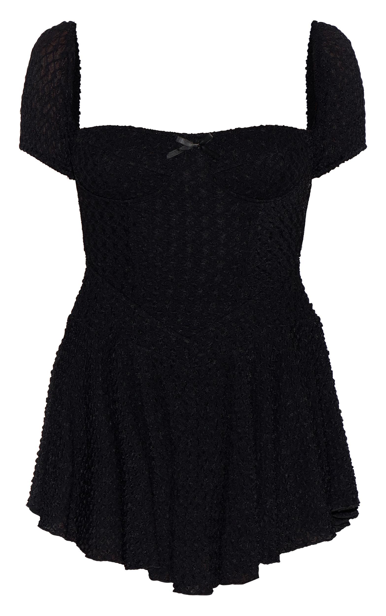 Petite Black Textured Bardot Puff Sleeve Mini Dress Product Image