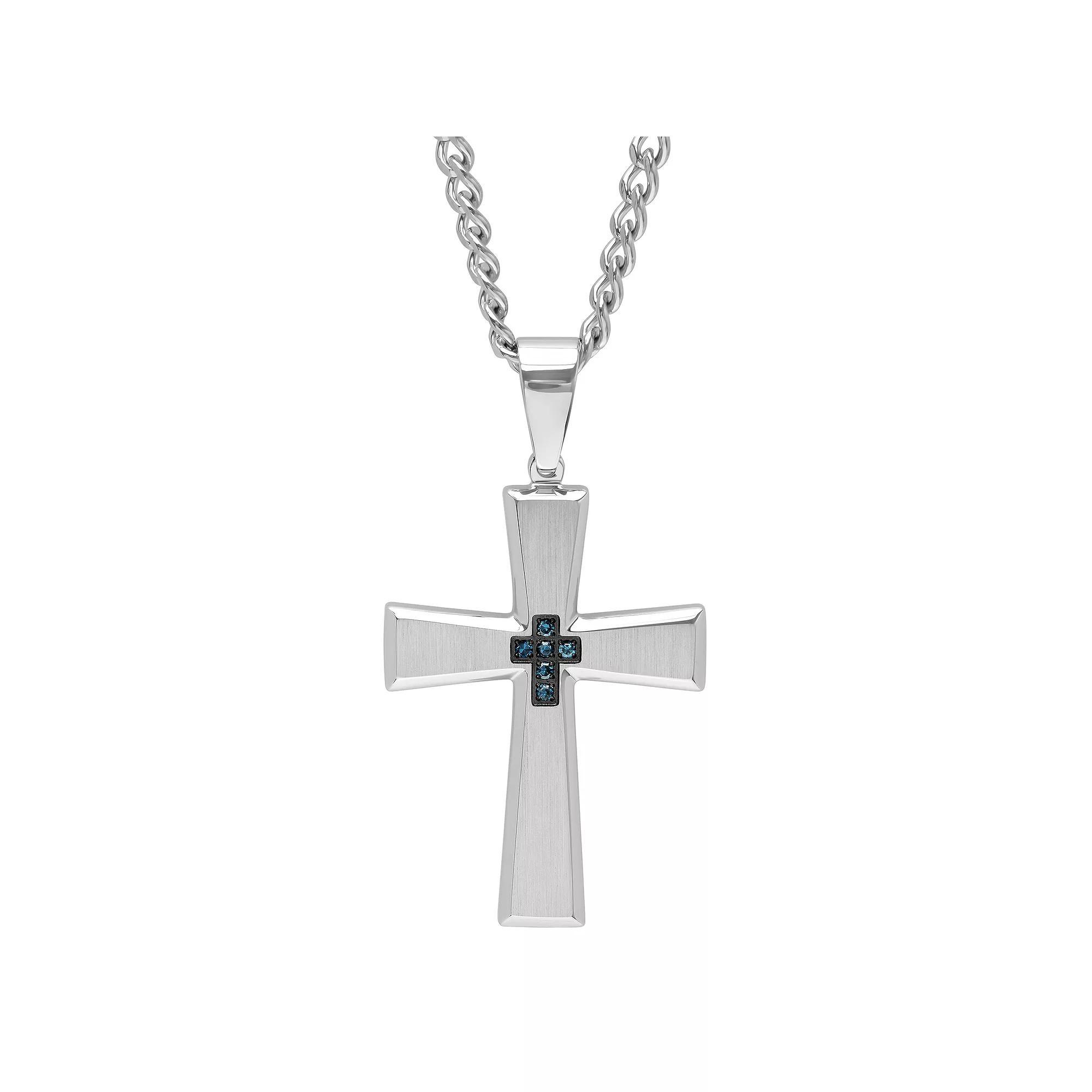 Men's Blue Diamond Accent Stainless Steel Cross Pendant Necklace, Size: 24" Product Image