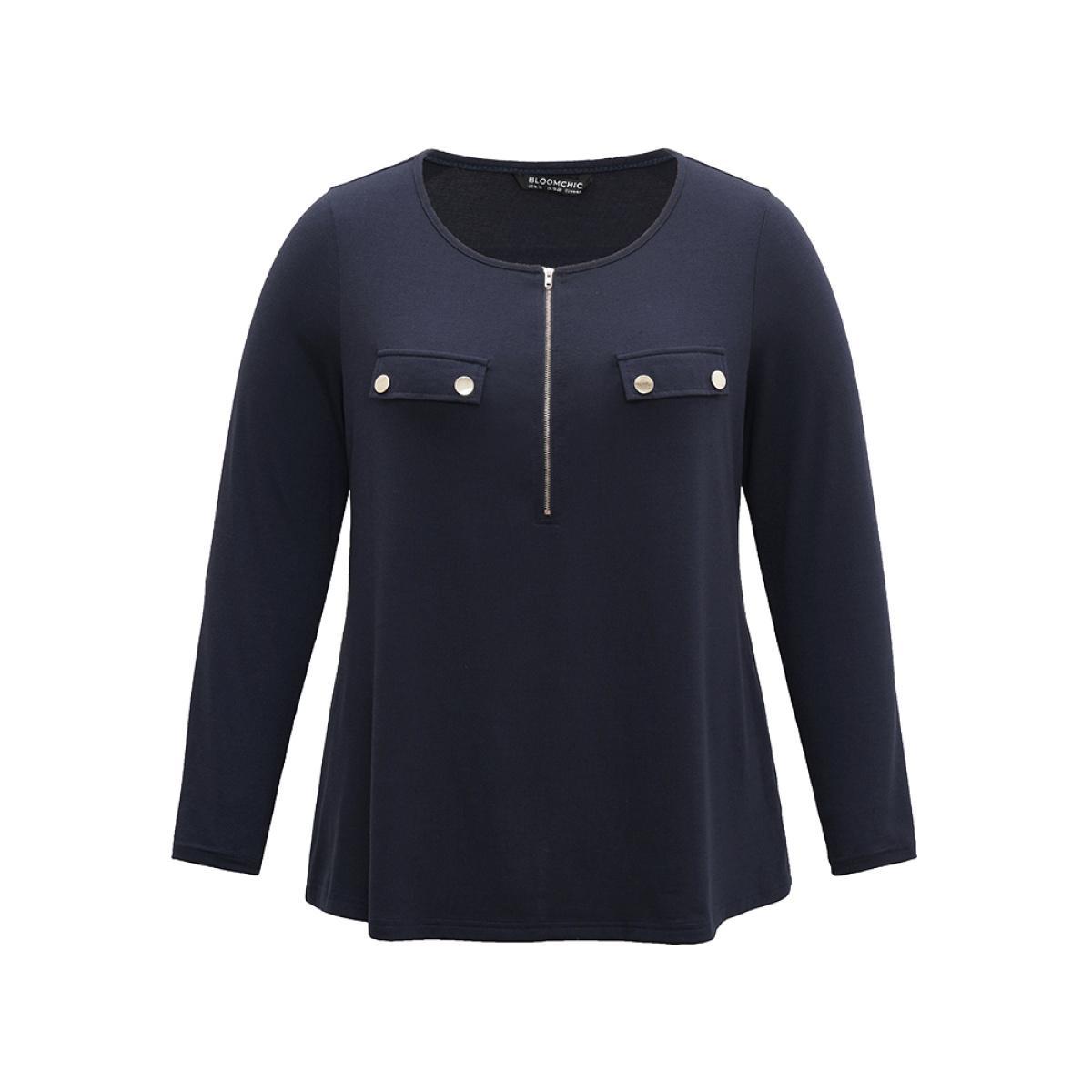 Plus Size Plain Half Zip Button Detail T-shirt Midnight Women Casual Plain Plain Open Front Everyday T-shirts BloomChic 28/5X Product Image