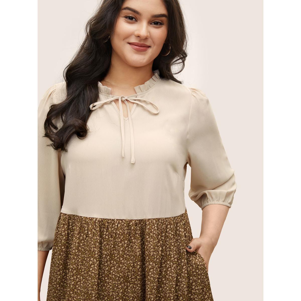Plus Size Tie Neck Ditsy Floral Colorblock Contrast Frill Trim Dress Apricot Women Casual Non V-neck Elbow-length sleeve Curvy Midi Dress BloomChic 30/6X Product Image