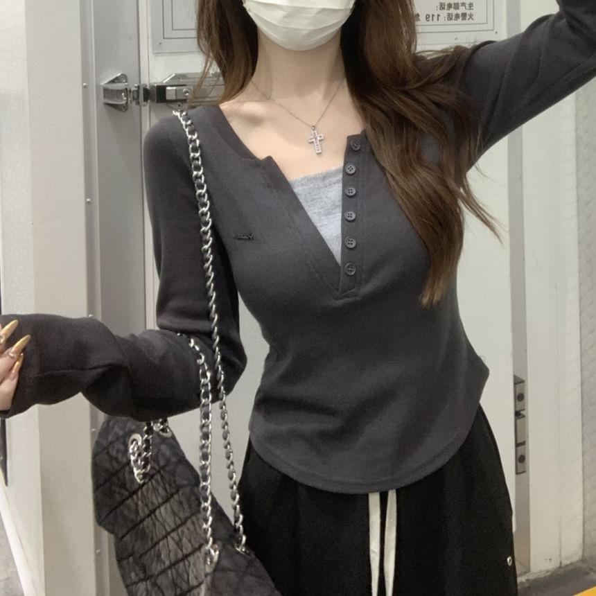 Long Sleeve Notch Neck Mock Two Piece Button Tee Product Image