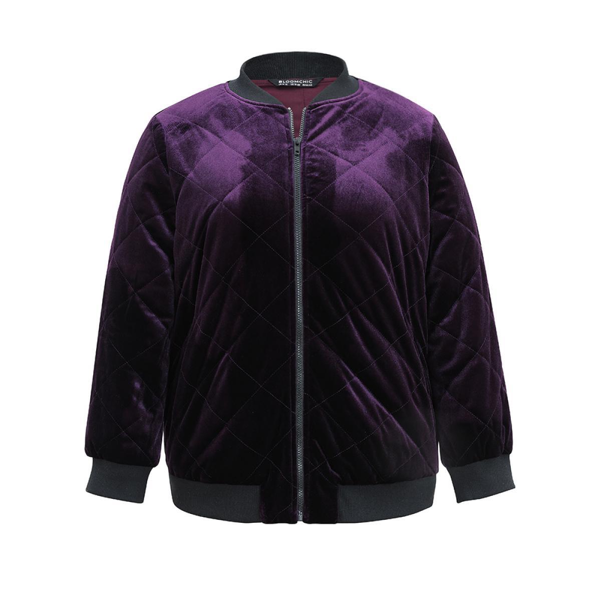 Plus Size Velvet Zipper Fly Pocket Quilted Padded Jacket Women Eggplant Velvet Pocket Dailywear Jackets BloomChic 14-16/1X Product Image