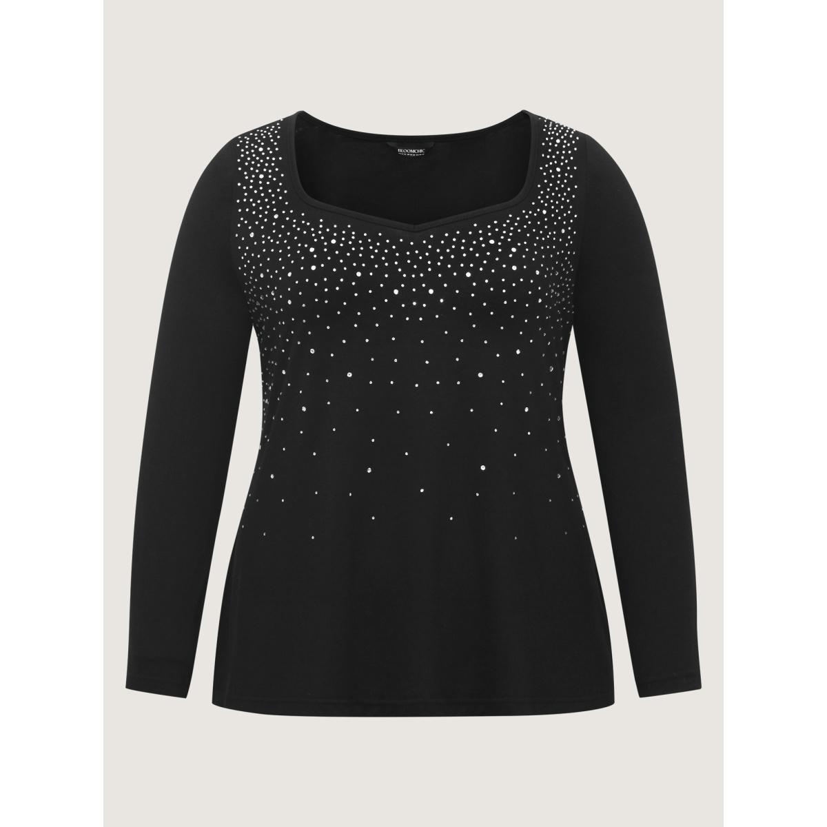 Plus Size Sequin Stretchy Long Sleeve T-shirt Black Women Elegant Rhinestone detailing Heart neckline Everyday T-shirts BloomChic 30/6X Product Image