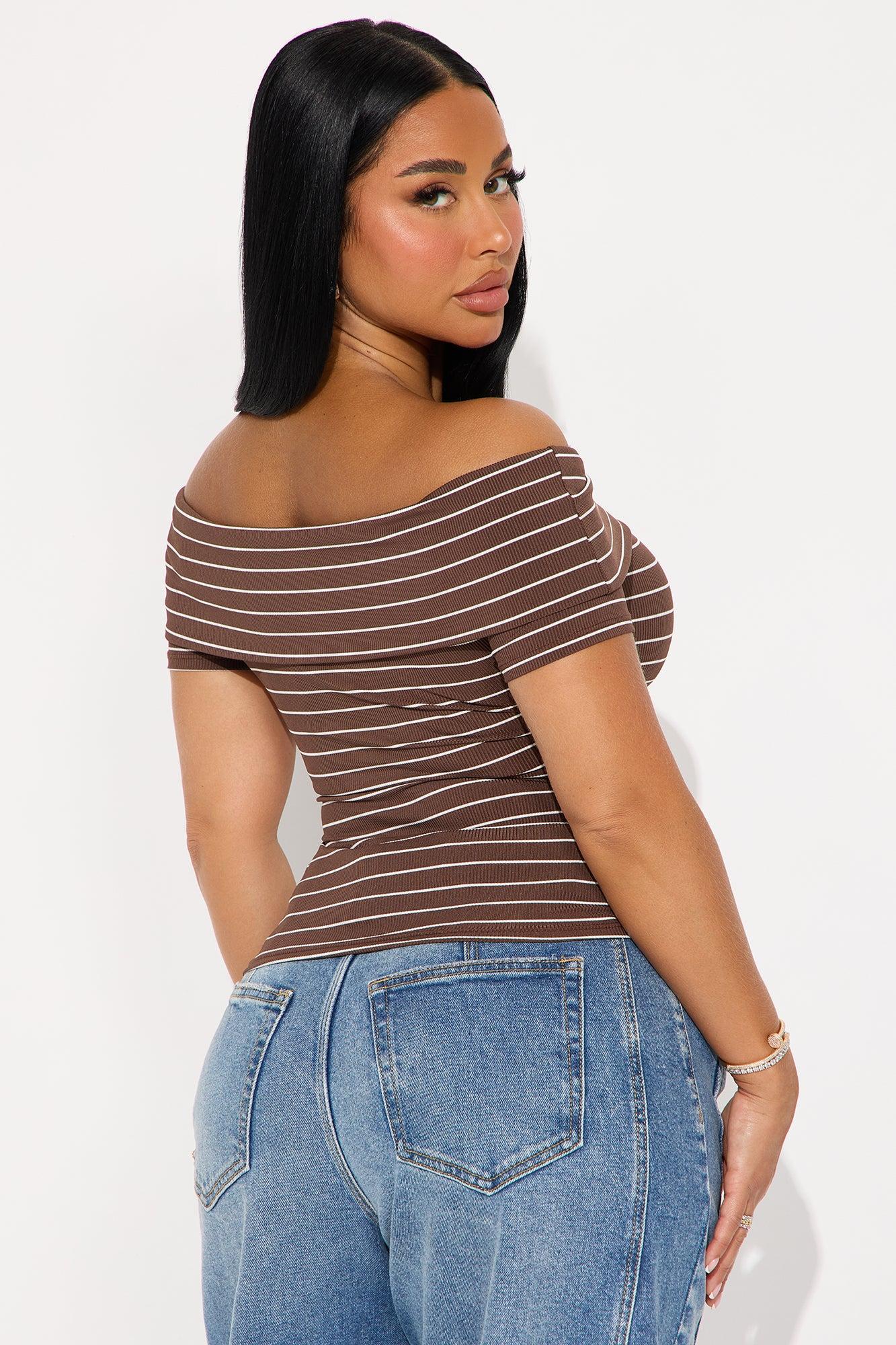 Cinnamon Off Shoulder Ribbed Top - Brown/combo Product Image