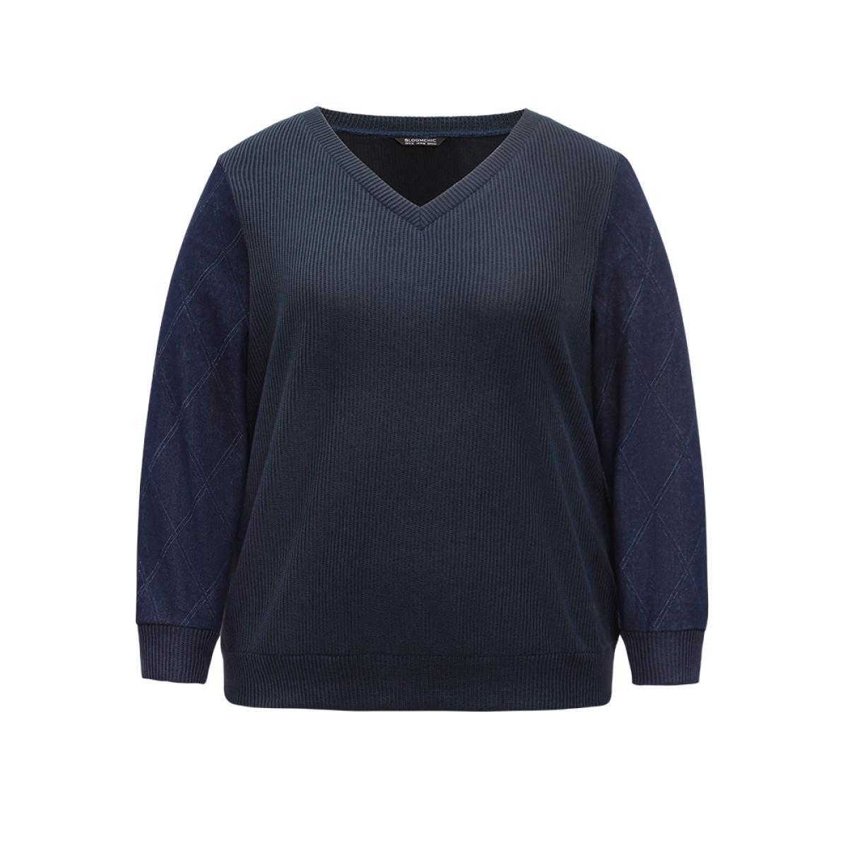 Plus Size Denim Effect Patchwork Waffle Knit Sweatshirt Women Blue Casual Waffle Knit V-neck Dailywear Sweatshirts BloomChic 30/6X Product Image