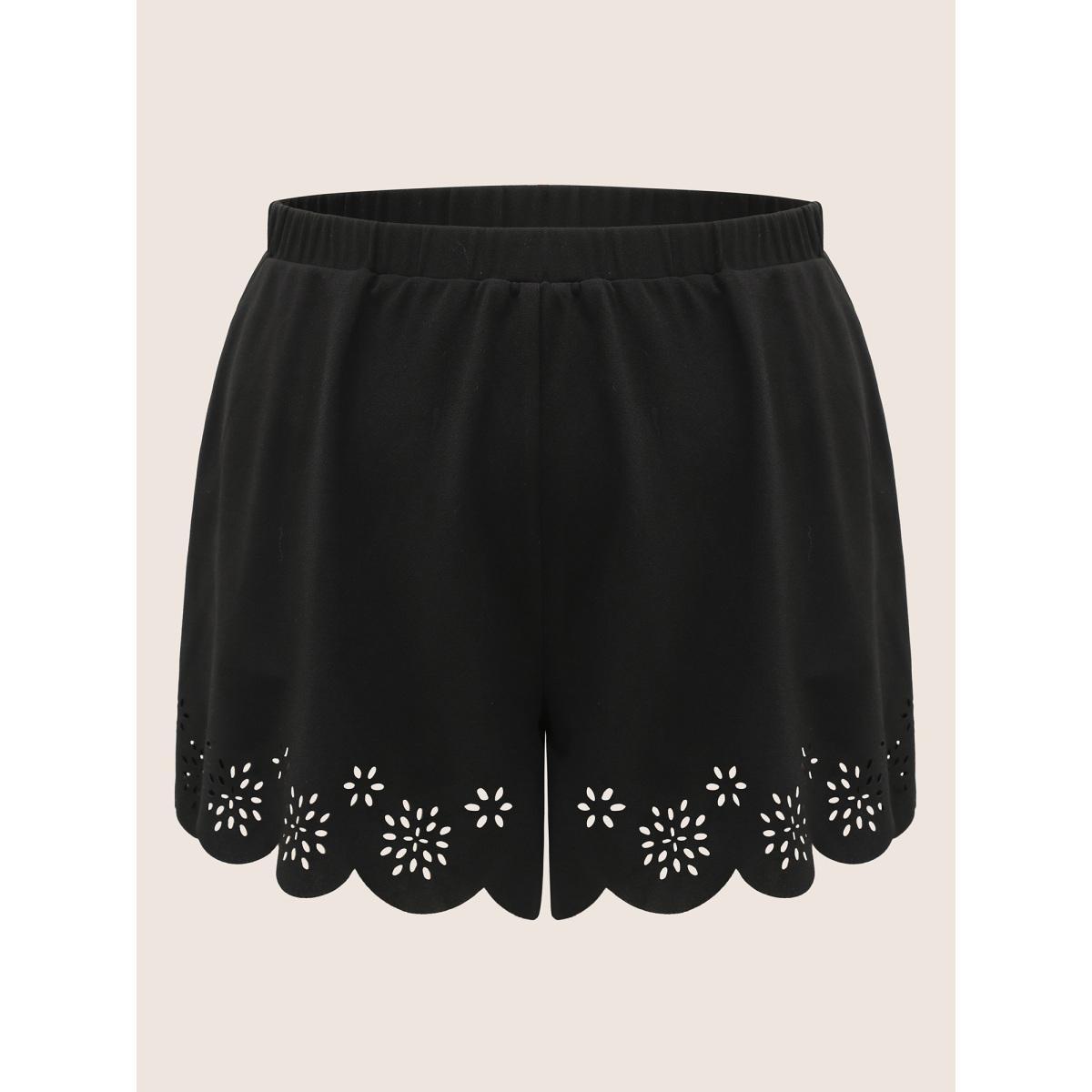 Plus Size Laser Cut Elastic Waist Scalloped Trim Shorts Women Black Elegant Non Loose Everyday Shorts BloomChic 12/L Product Image