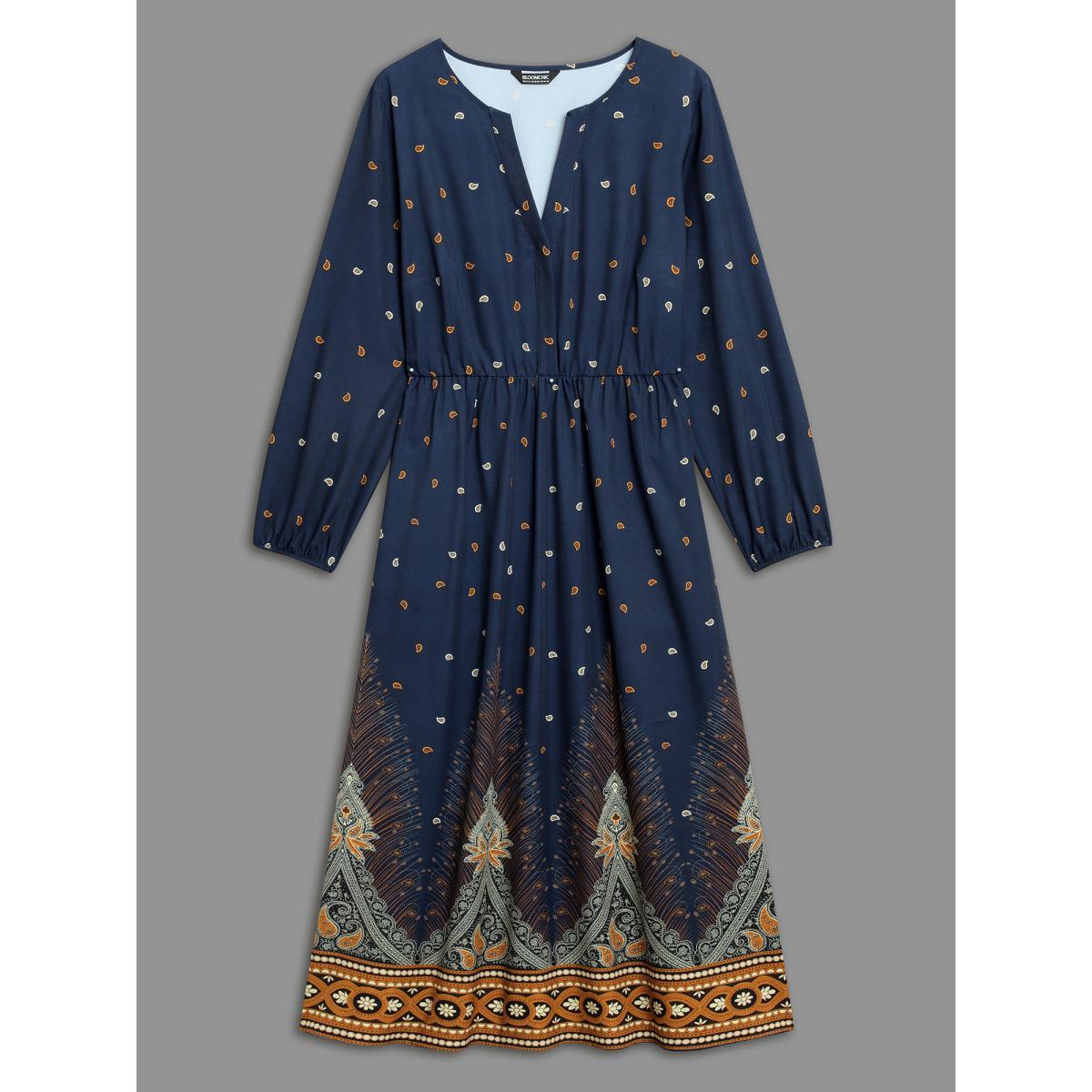 Plus Size Notched Collar Boho Print Contrast Dress Navy Women Resort Non Flat collar with V-notch Long Sleeve Curvy BloomChic 12/L Product Image