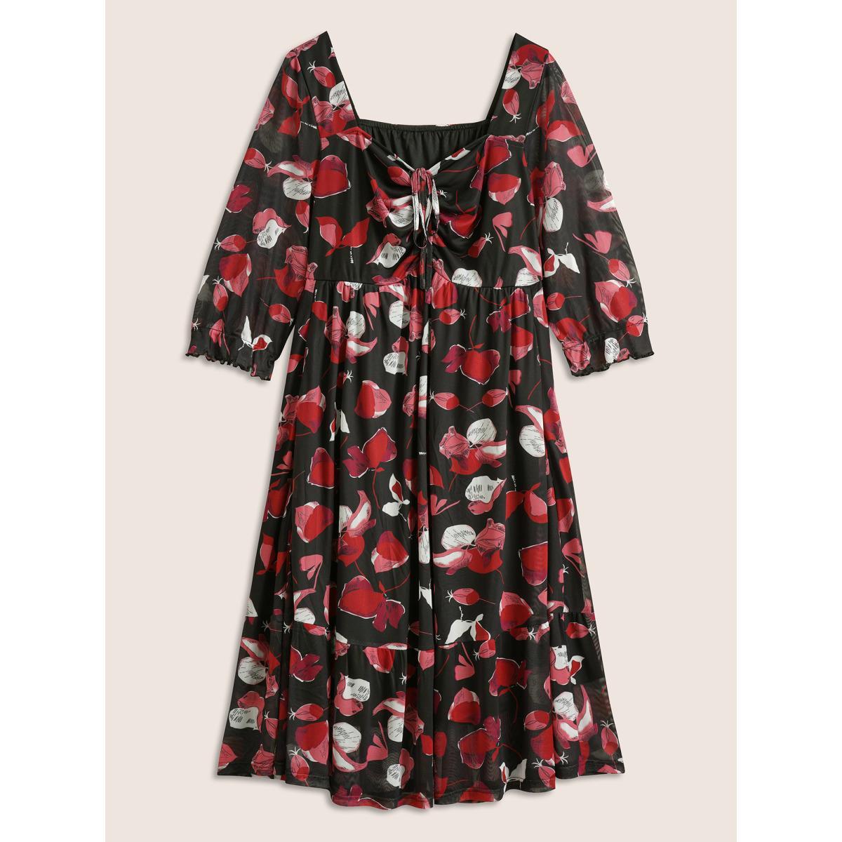 Plus Size Floral Print Drawstring Mesh Ruched Dress Black Women Elegant Lined Square Neck Half Sleeve Curvy Midi Dress BloomChic 18-20/2X Product Image