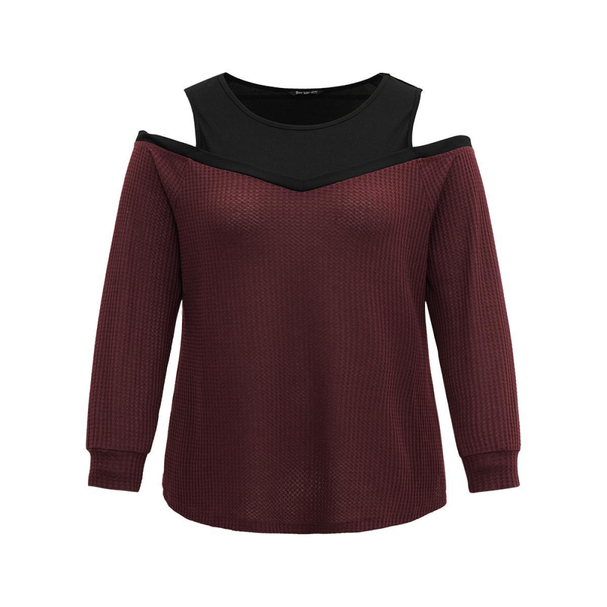 Plus Size Cold Shoulder Patchwork Contrast Waffle Knit T-shirt Burgundy Women Casual Waffle Knit Plain Cold Shoulder Dailywear T-shirts BloomChic 12/L Product Image