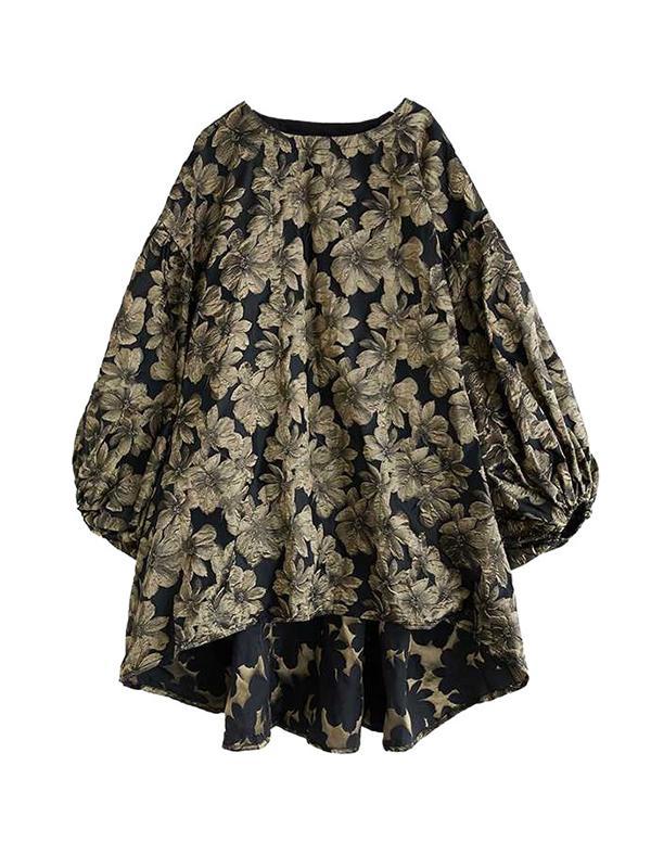 A-Line High-Low Elasticity Flower Print Jacquard Round-Neck Midi Dresses Product Image