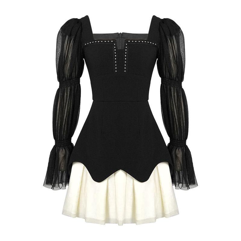 Long-Sleeve Two Tone Mini A-Line Dress Product Image