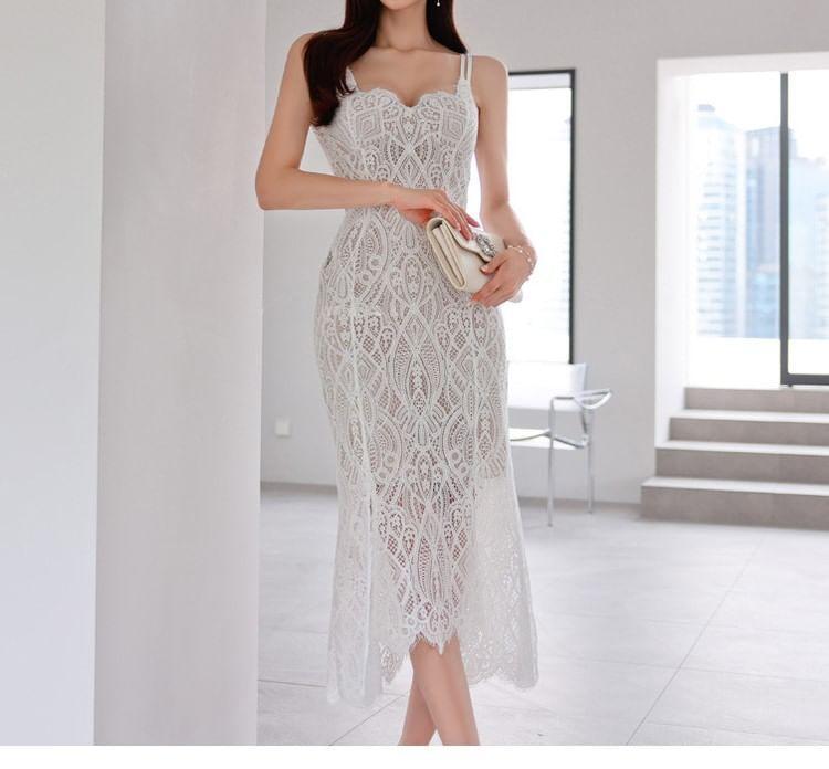 Spaghetti Strap Lace Midi Sheath Dress Product Image