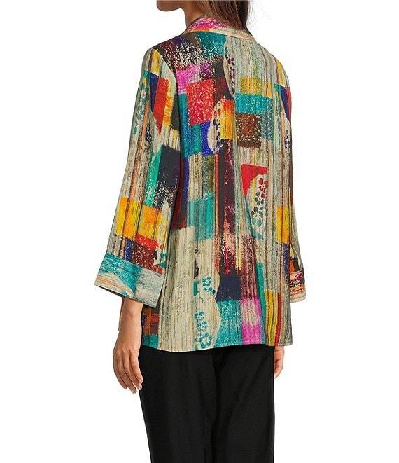 Ali Miles Petite Size Woven Abstract Multi Print Point Collar 3/4 Cuff Sleeve Button Front Tunic Product Image