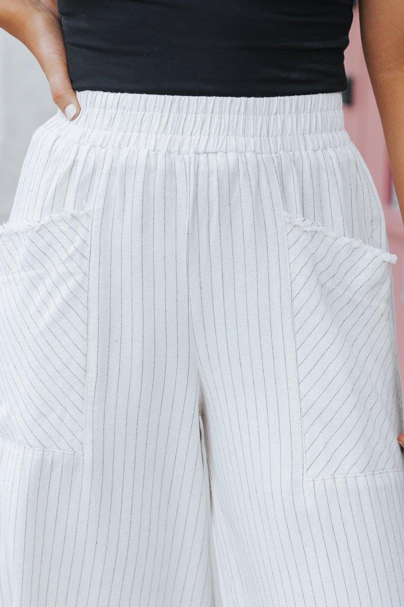 Oatmeal Striped Linen Wide Leg Pants - FINAL SALE Product Image