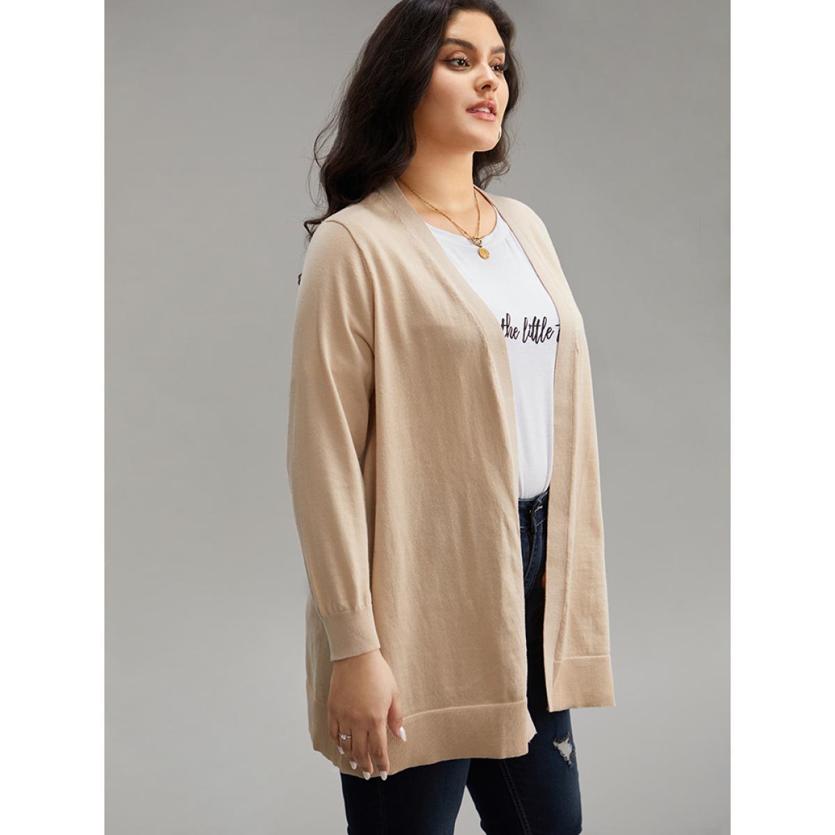 Plus Size Solid Elastic Cuffs Open Front Cardigan Champagne Women Casual Loose Long Sleeve Everyday Cardigans BloomChic 14-16/1X Product Image