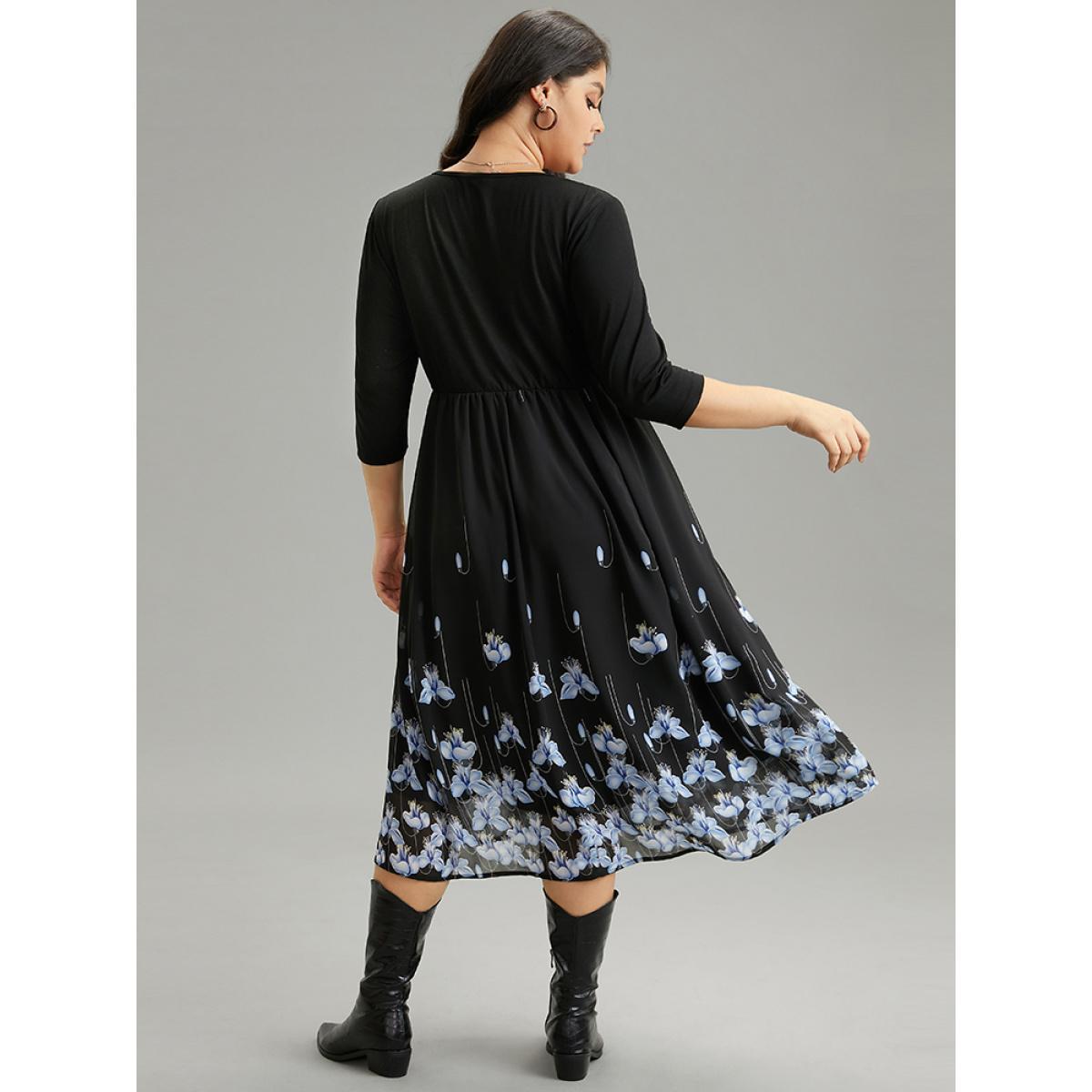 Plus Size Boho Print Ruched Elastic Waist Chiffon Dress Black Women Elegant Gathered V-neck Elbow-length sleeve Curvy Midi Dress BloomChic 12/L Product Image