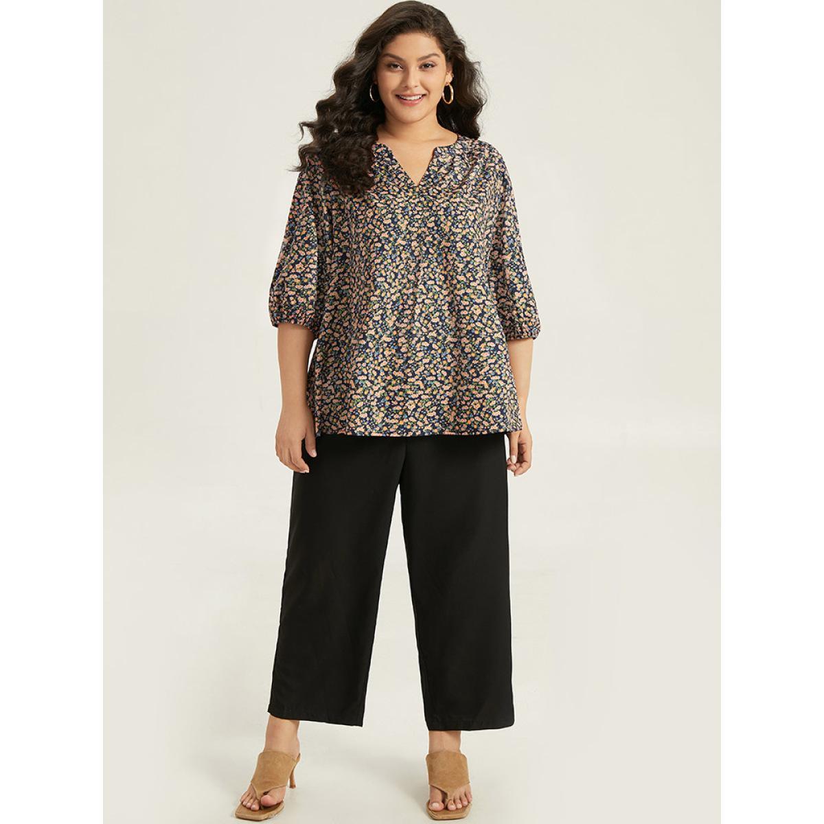 Plus Size Multicolor Ditsy Floral Notched Elastic Cuffs Blouse Women Elegant Elbow-length sleeve V-neck Dailywear Blouses BloomChic 12/L Product Image