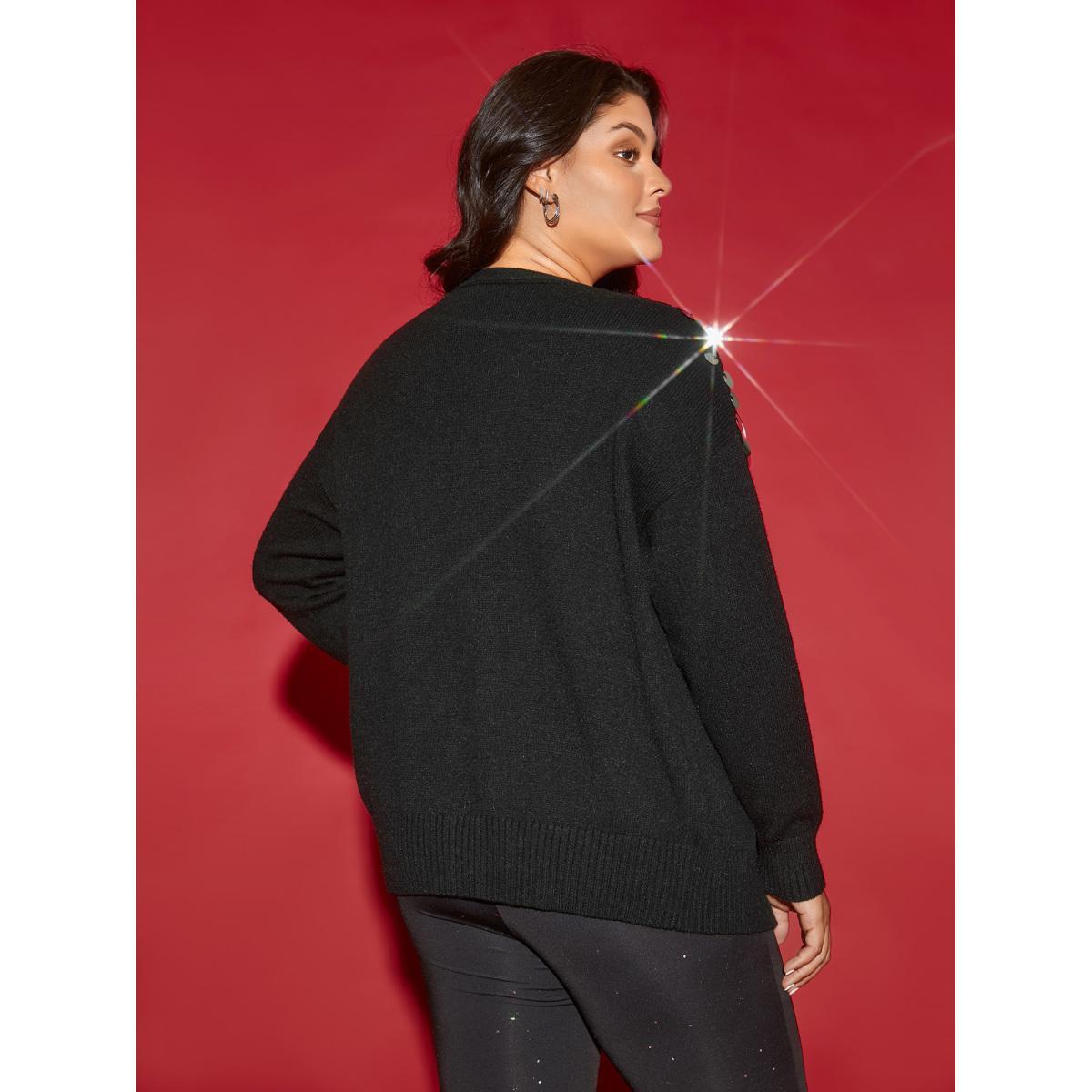 Plus Size Supersoft Essentials Silver Sequins Shoulder Open Cardigan Black Women Cocktail Loose Long Sleeve Party Cardigans BloomChic 12/L Product Image