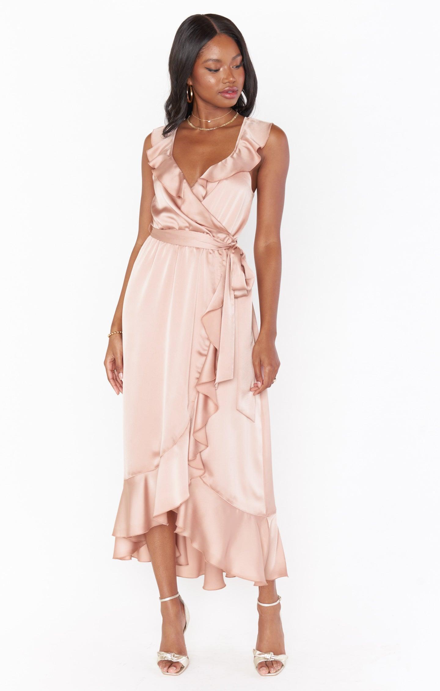 Samantha Ruffle Wrap Dress ~ Rose Gold Luxe Satin Product Image