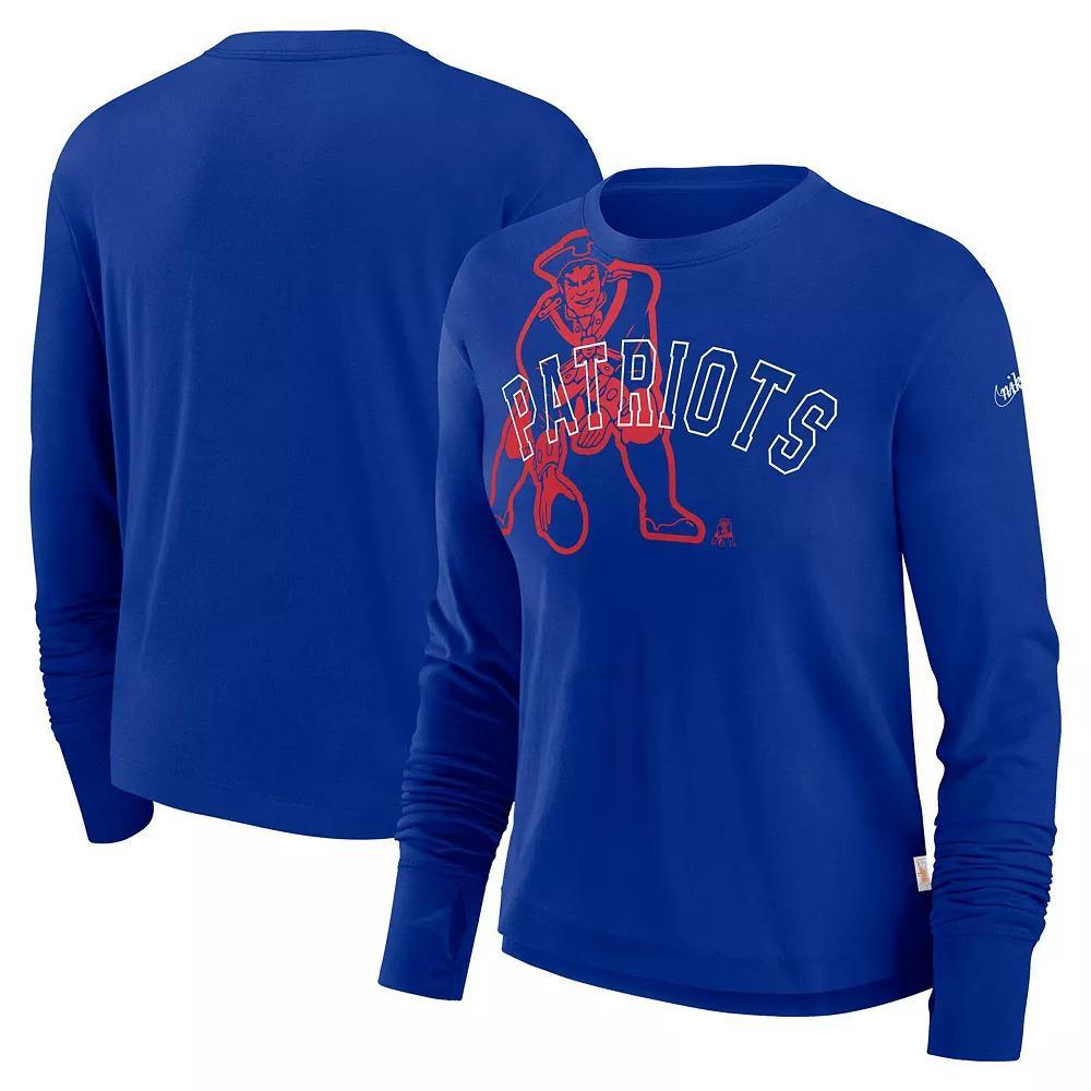 Women's Nike Royal New England Patriots Layered Logo Cropped Long Sleeve Fashion T-Shirt, Size: XL, Blue Product Image
