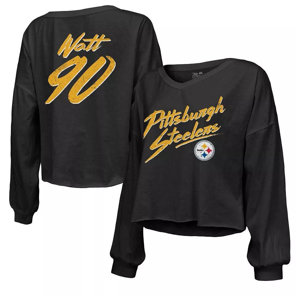 Women's Majestic Threads T.J. Watt Black Pittsburgh Steelers Name & Number Off-Shoulder Script Cropped Long Sleeve V-Neck T-Shirt, Size: Small Product Image