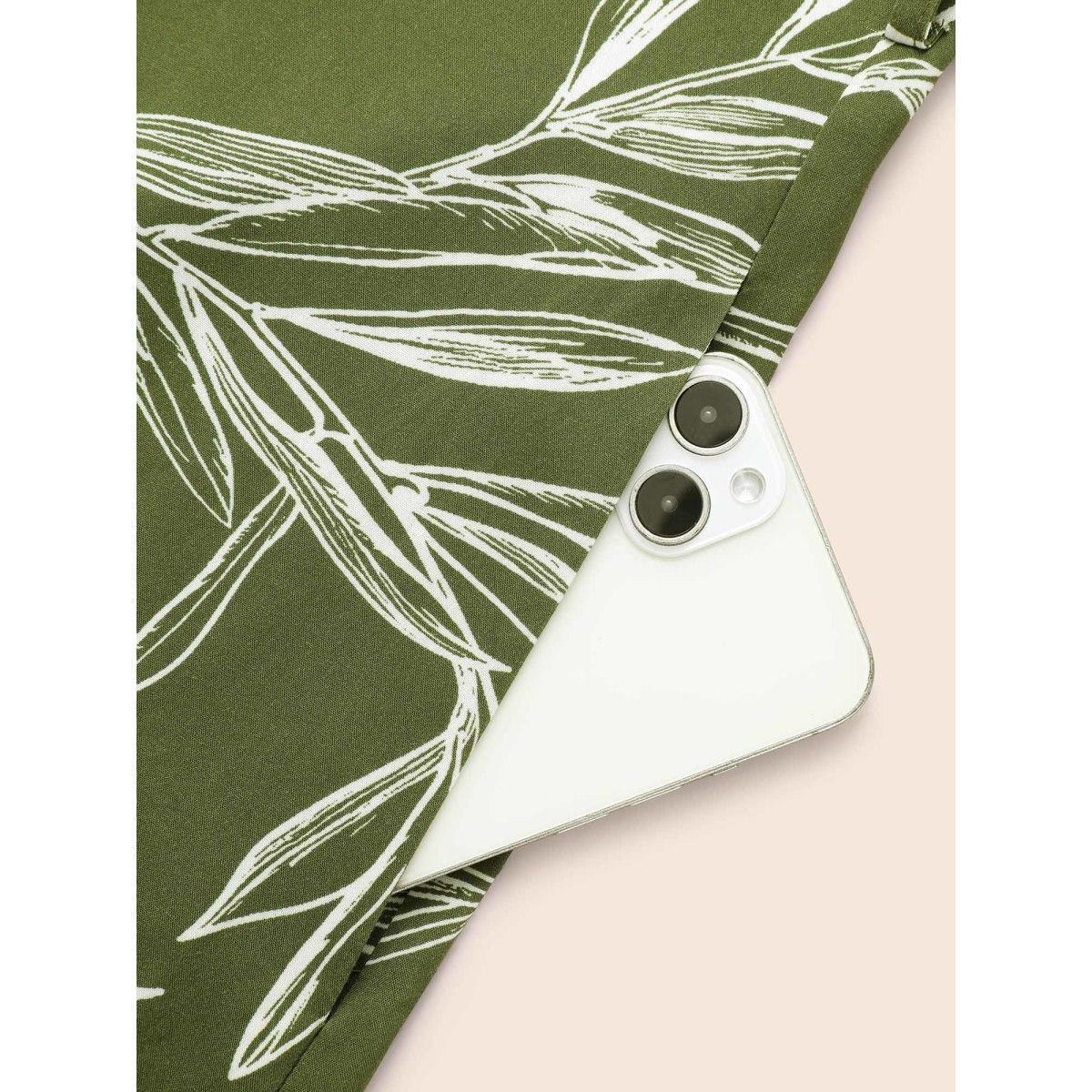 Plus Size Shirt Collar Plants Print Belted Dress Olive Women Casual Shirt collar Long Sleeve Curvy BloomChic 12/L Product Image