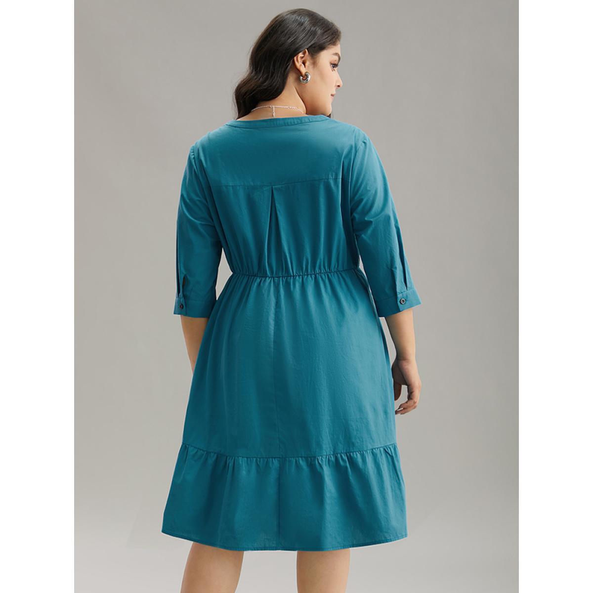 Plus Size Solid Button Up Ruffles Pocket Gathered Dress Aegean Women Office Plain Round Neck Elbow-length sleeve Curvy Midi Dress BloomChic 28/5X Product Image
