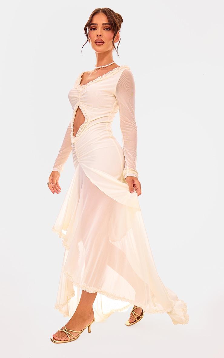 Cream Mesh Long Sleeve Frill Detail Cut Out Maxi Dress Product Image