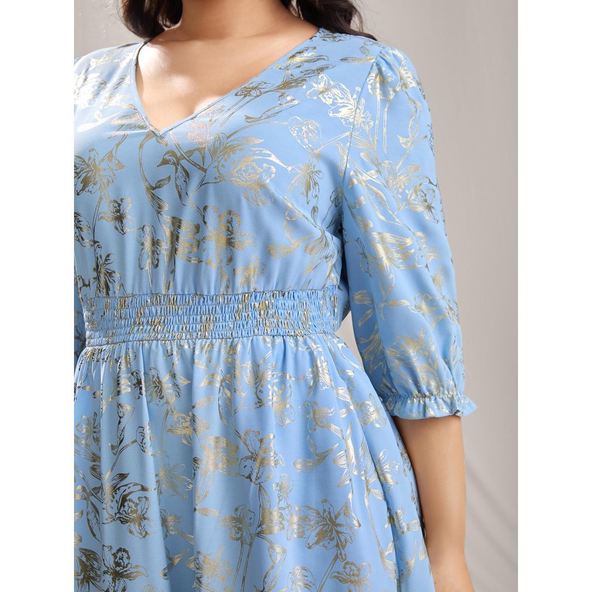 Plus Size Shimmery Textured Shirred Waist Maxi Dress LightBlue Women V-neck Elbow-length sleeve Curvy BloomChic 26/4X Product Image