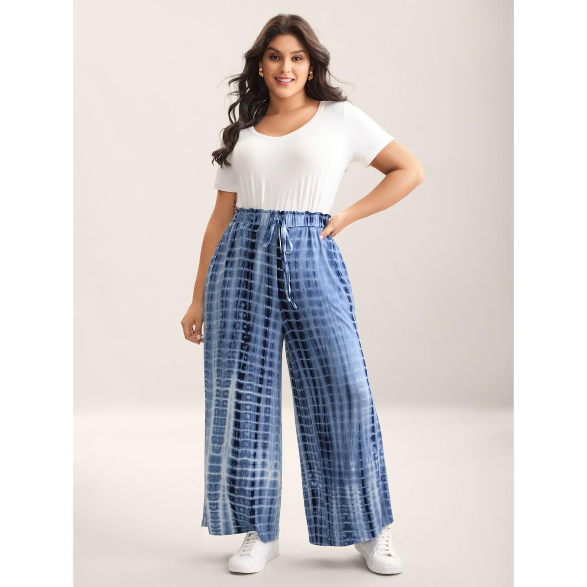 Plus Size Tie-Dye Wide-Leg Pants Women Indigo Casual Wide Leg Mid Rise Everyday-Casual Pants BloomChic 14-16/1X Product Image