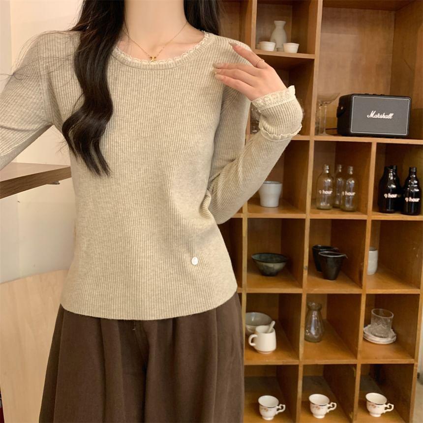 Long-Sleeve Round Neck Lace Trim Slim Fit Knit Top Product Image