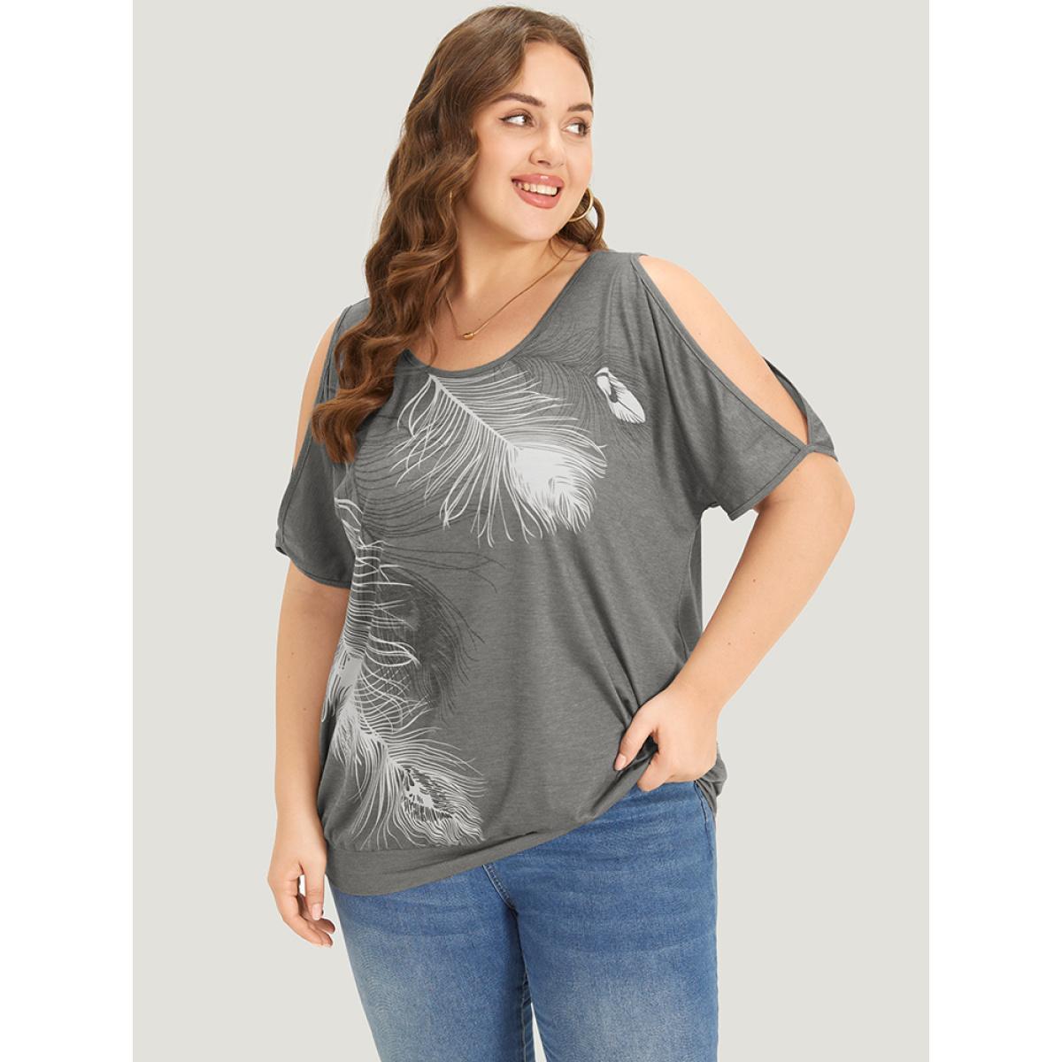 Plus Size Feather Print Cold Shoulder Crew Neck T-shirt Gray Women Elegant Printed Feather Round Neck Dailywear T-shirts BloomChic 26/4X Product Image