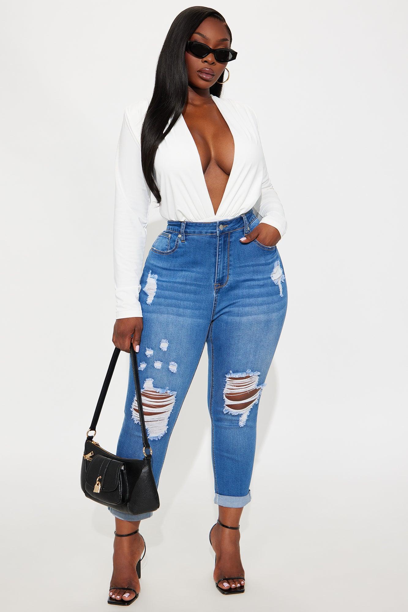 Draya Deep V Bodysuit - White Product Image