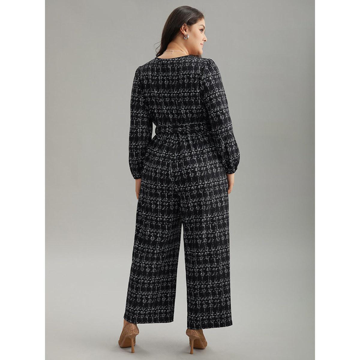 Plus Size Black Textured Button Up Elastic Waist Belted Jumpsuit Women Office Long Sleeve Round Neck Work Loose Jumpsuits BloomChic 10/M Product Image
