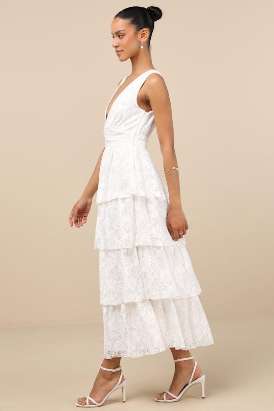 Ezzie White Lace Tiered Midi Dress Product Image