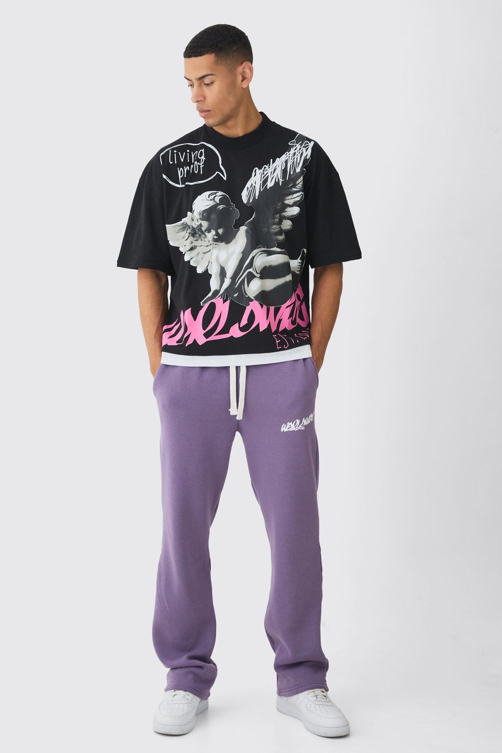 Oversized Graphic Faux Layer T-Shirt And Sweatpants Set | boohooMAN USA Product Image