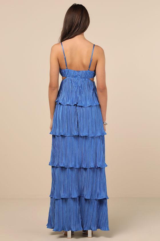 Kanya Blue Satin Plisse Tiered Maxi Dress Product Image