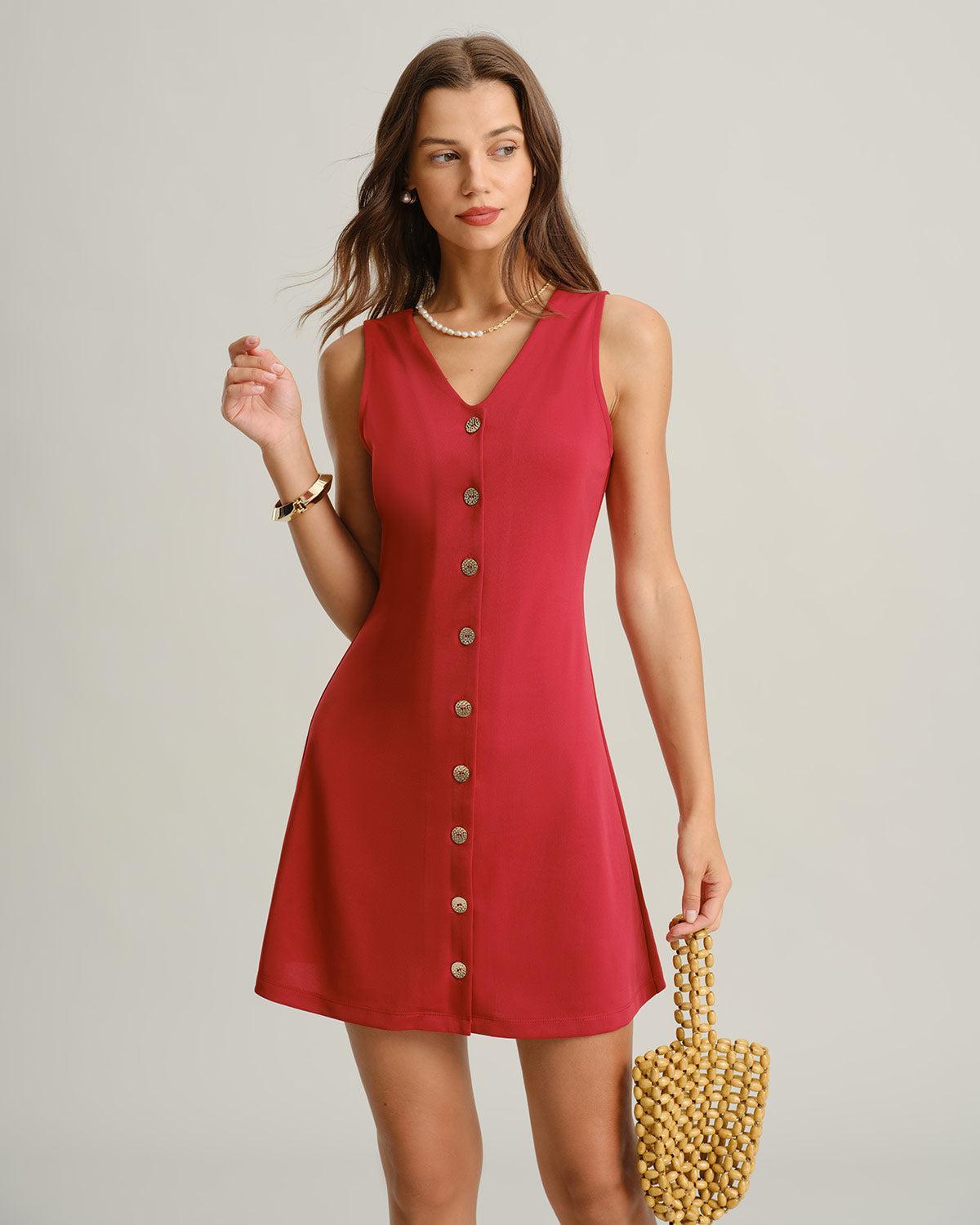 Red V Neck Sleeveless Mini Dress Product Image