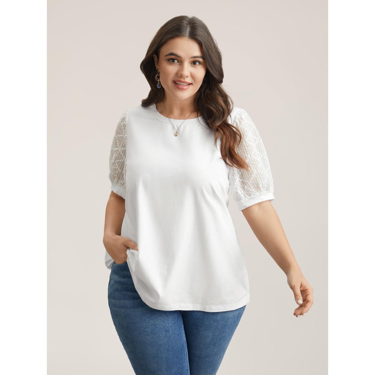 Plus Size Textured Bubble Lantern Sleeve T-Shirt Originalwhite Women Elegant Texture Round Neck Everyday T-shirts BloomChic 18-20/2X Product Image