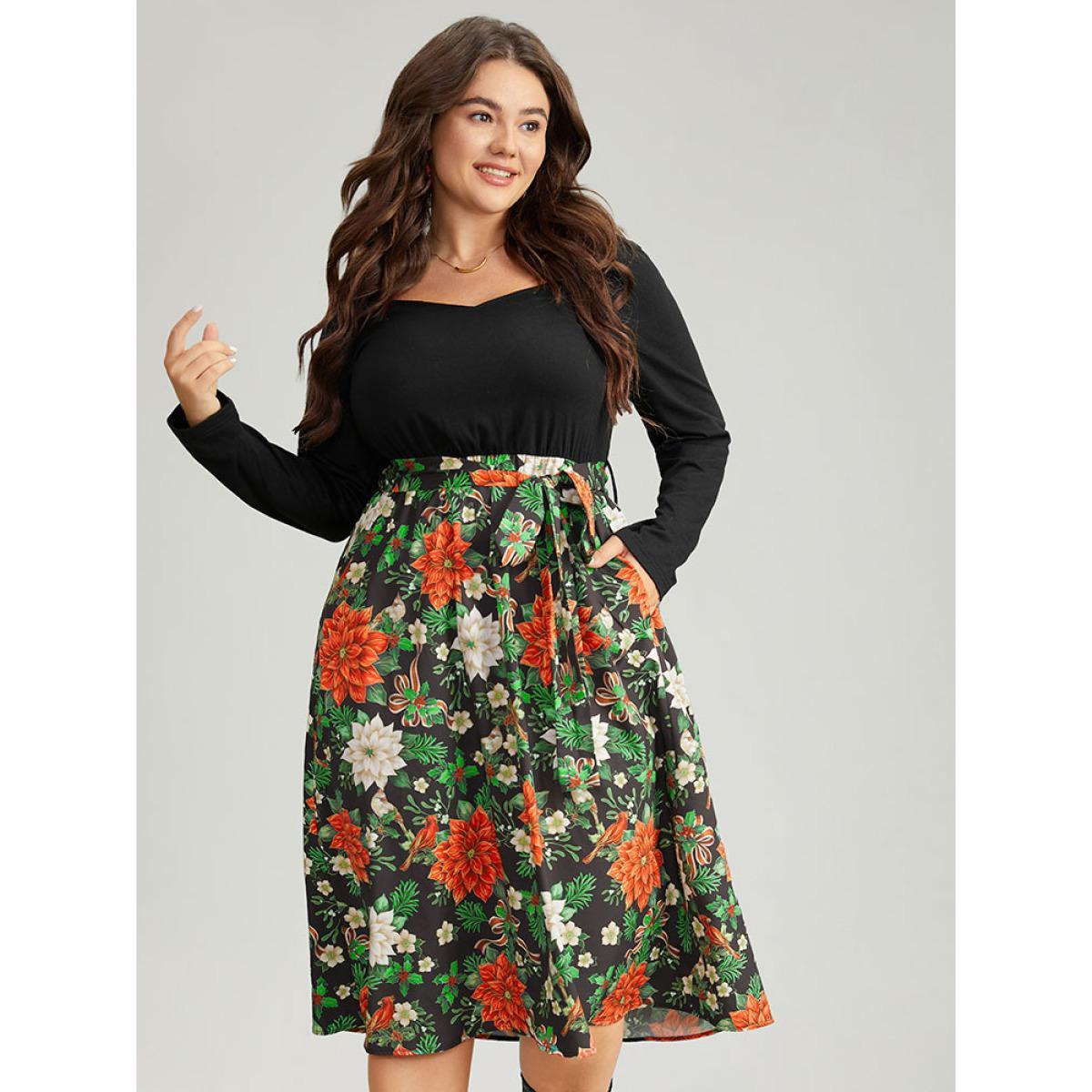 Plus Size Square Neck Floral Print Belted Contrast Dress Black Women Office Belted Square Neck Long Sleeve Curvy Midi Dress BloomChic 18-20/2X Product Image