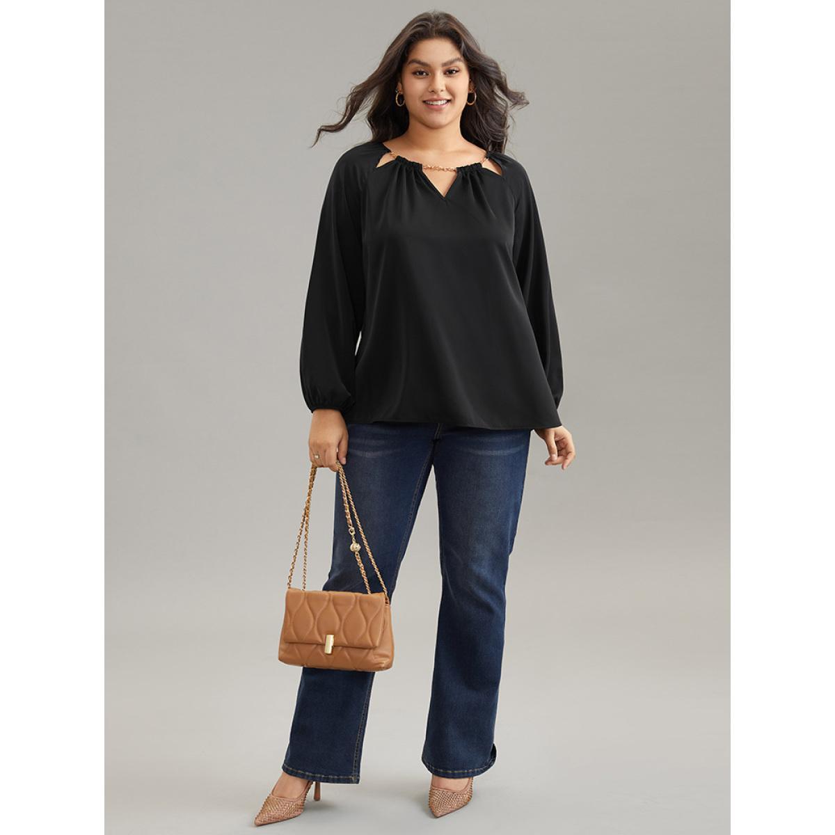 Plus Size Black Static-Free Chain Detail Cut Out Raglan Sleeve Blouse Women Office Long Sleeve Round Neck Work Blouses BloomChic 14-16/1X Product Image