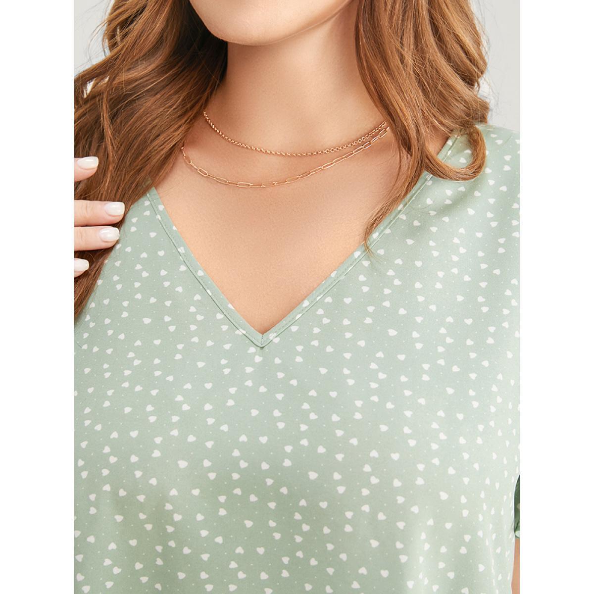 Plus Size Mint Heart Print Ruffle Sleeve Asymmetrical Hem Blouse Women Elegant Short sleeve V-neck Dailywear Blouses BloomChic 30/6X Product Image