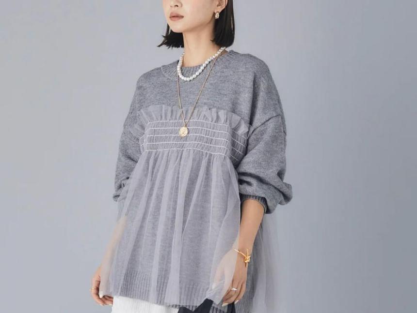 Set: Crew Neck Mesh Panel Sweater + Faux Pearl Washed Loose Fit Jeans Product Image