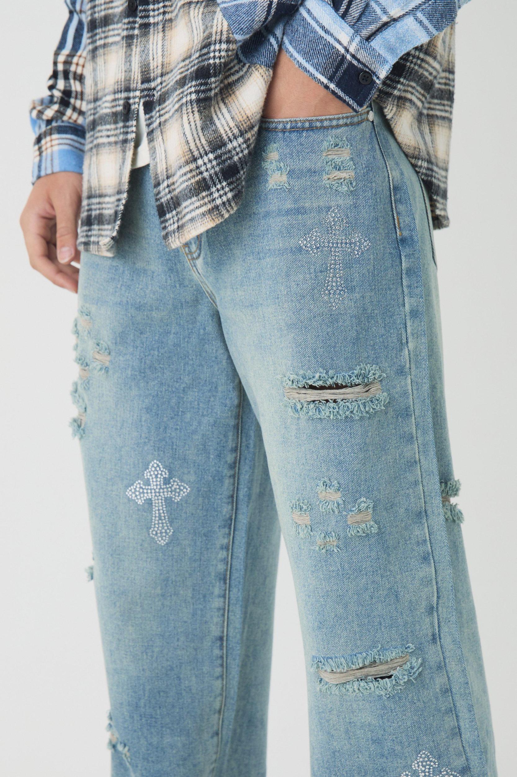 Relaxed Fit Rhinestone Cross Ripped Jeans | boohooMAN USA Product Image